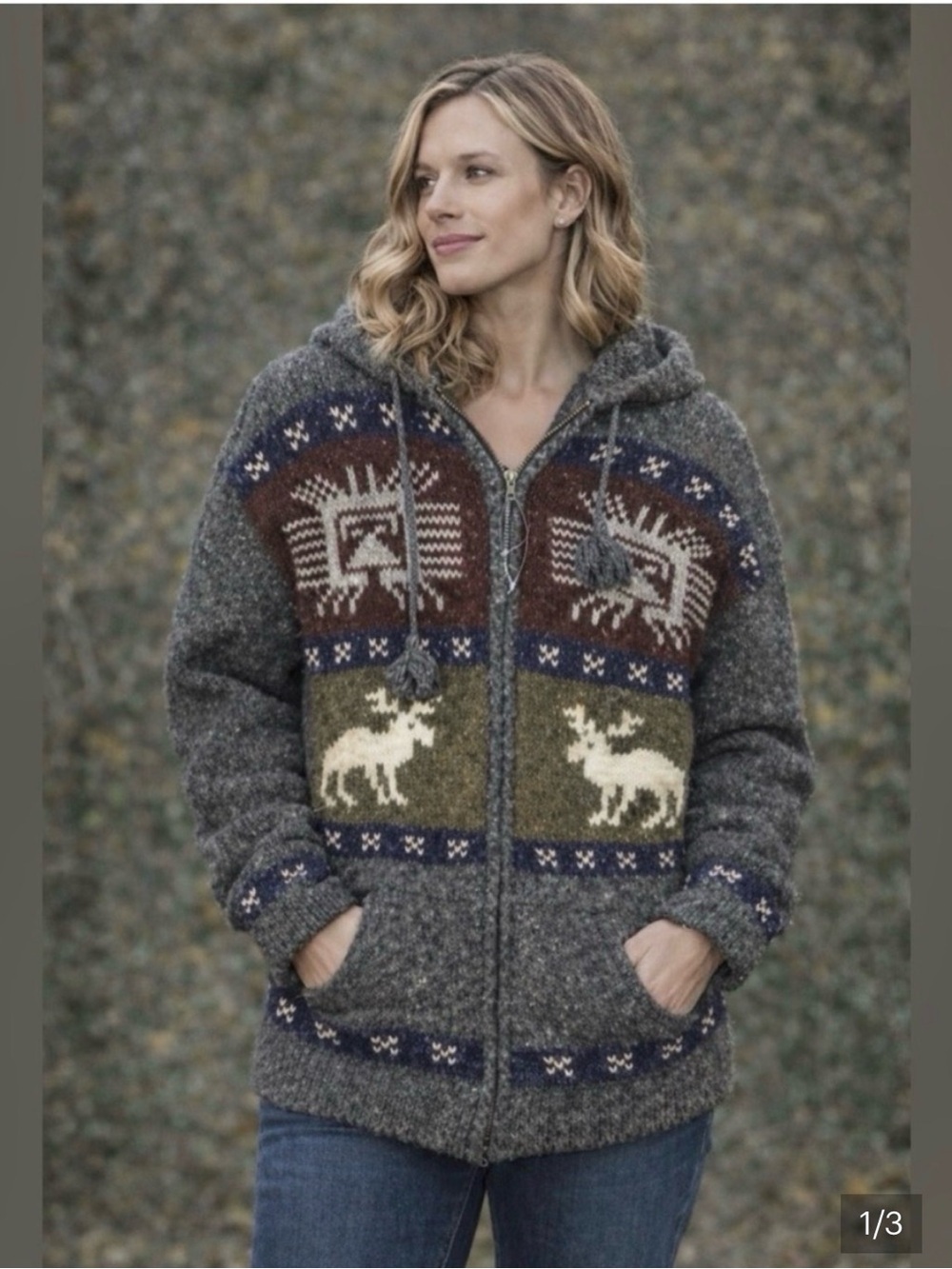 Cozy Zip-Up Hooded Wool Sweater Jacket - Gray with Pattern